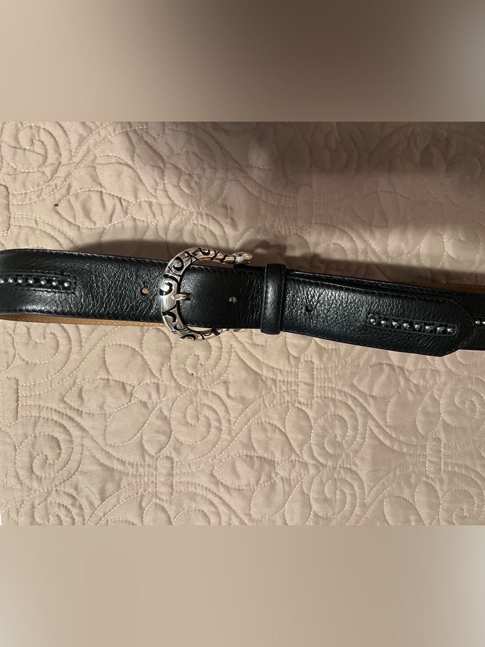 BRIGHTON MENS Black Leather Western style Belt Decorative Silver-Tone sz 34